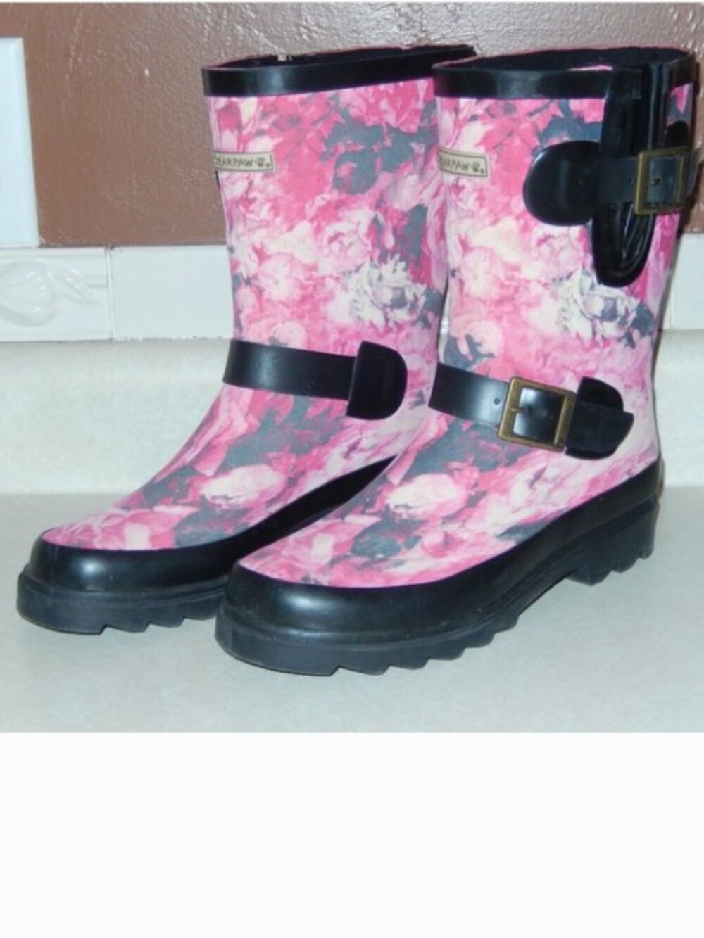 BearPaw Rain Boots Charlie Size 6 Pink Gray Black Rubber Pull On Strap Buckle